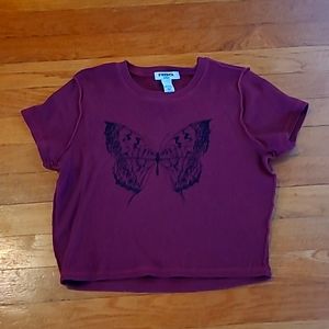 RSQ ribbed crop maroon top with bufferfly, size medium